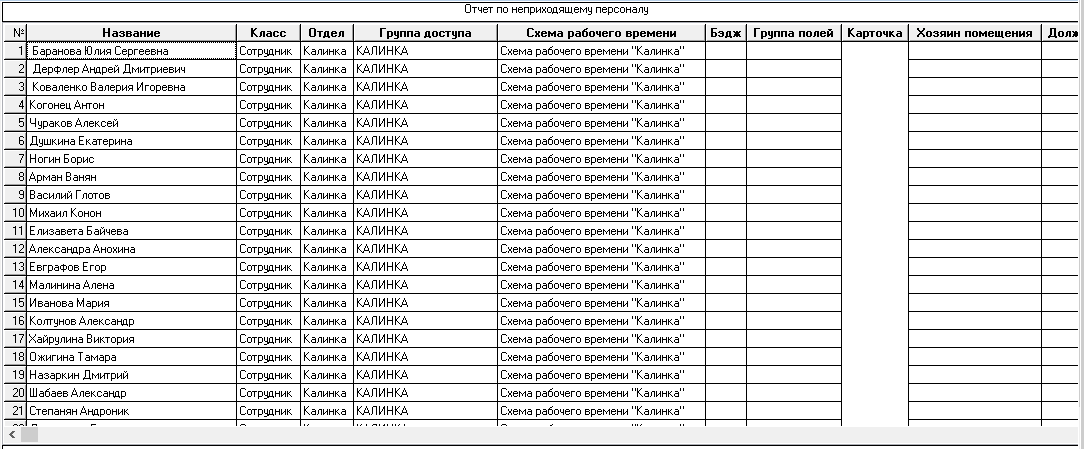 Пример отчета по неприходящему персоналу